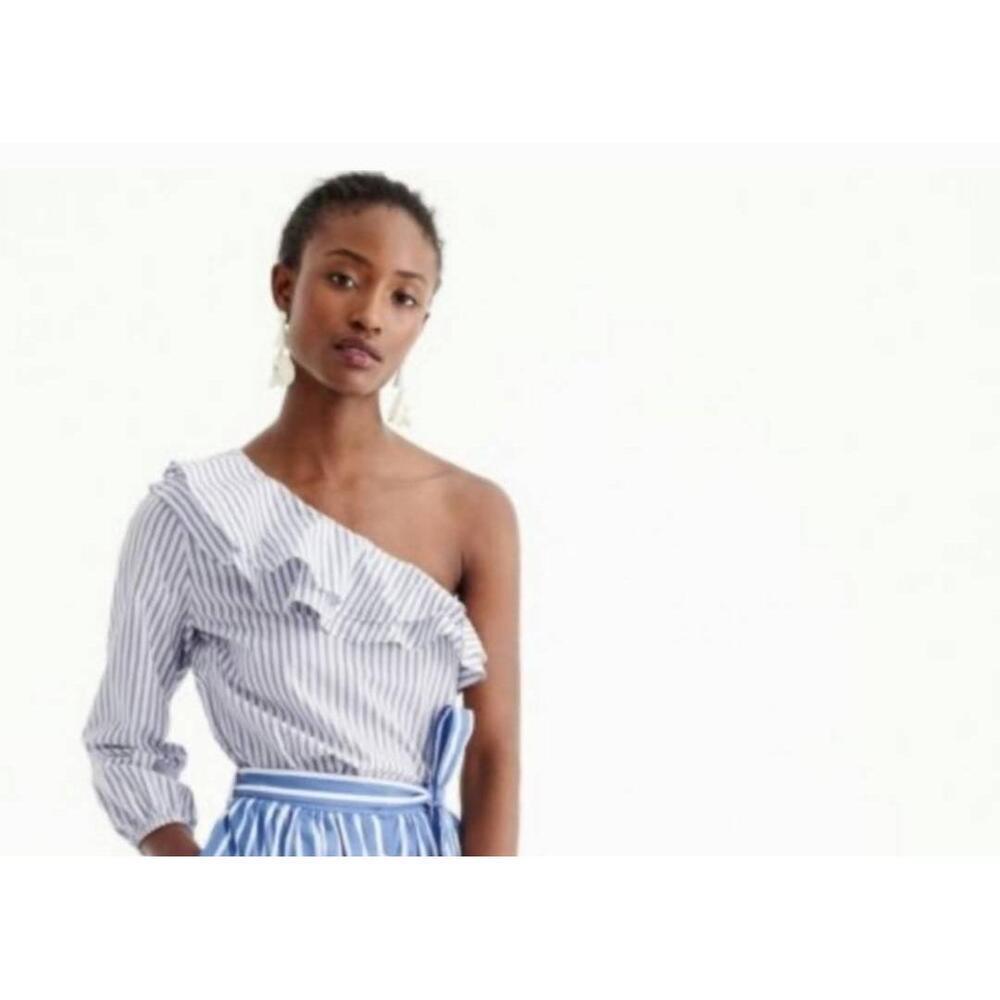 J.Crew Blue White Striped Ruffled One-Shoulder Top Size 12